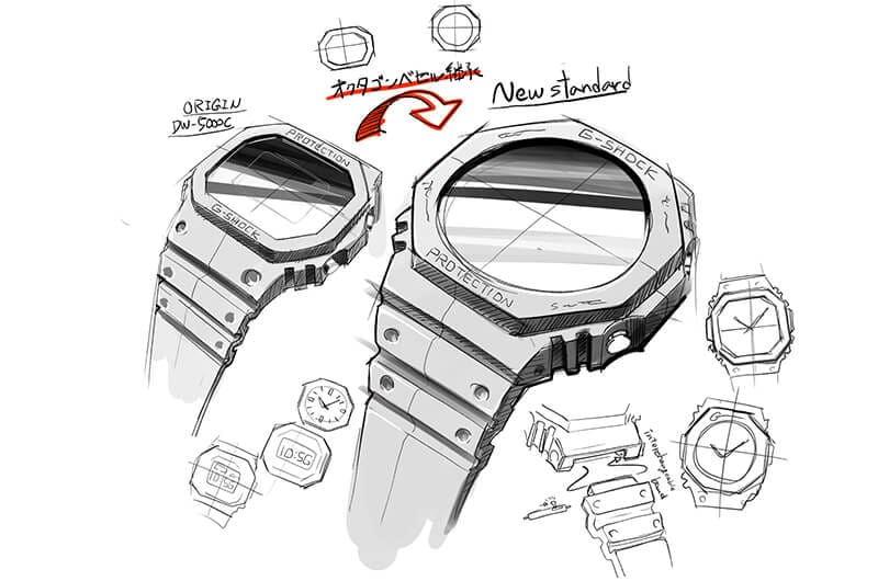 Conceptual drawing of the first analogue G-SHOCK model AW-500