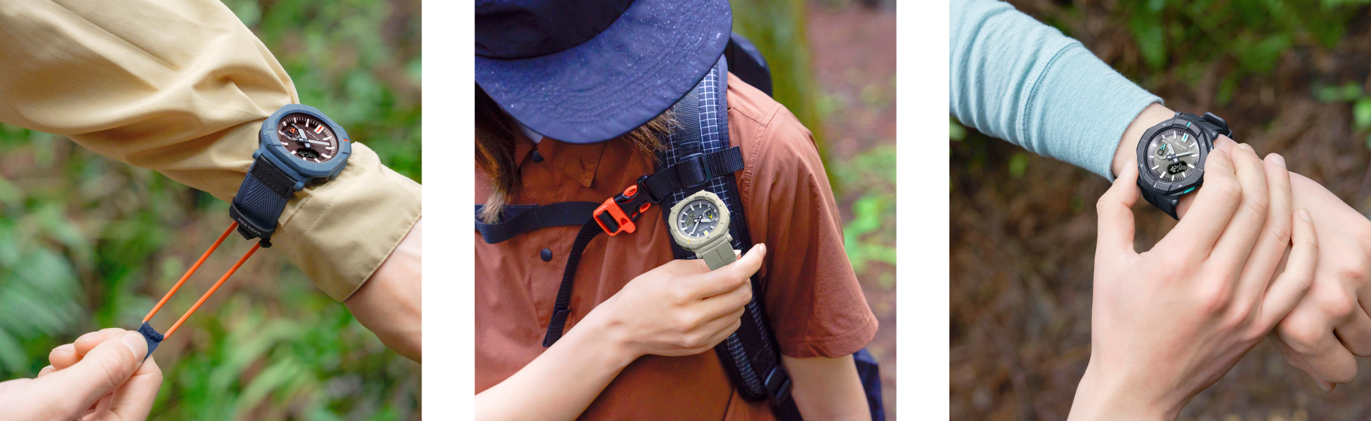 Left: The blue PRJ-B001B-2 worn on the arm over a beige shirt. Someone is pulling on the orange rubber band of the wristwatch. Centre: The light-coloured PRJ-B001-7 attached to the strap of a rucksack. Right: The black PRJ-B001-1 on a dainty left wrist while the right hand turns the bezel.