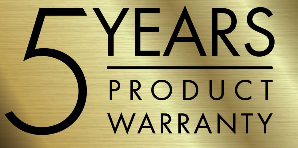Linked image to the warranty page with the text: ‘5 Years product warranty’ in black on a gold background