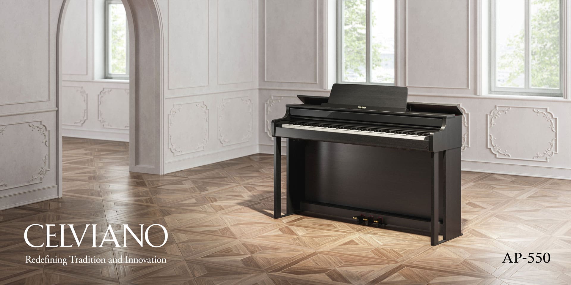 A black CASIO digital piano stands in a light-filled living room with stucco. The words ‘Celviano - Redefining Tradition and Innovation - AP-550’ complete the picture.