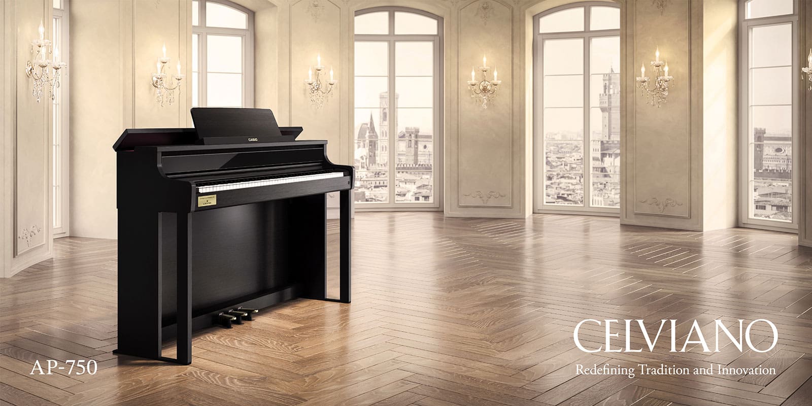 A black CASIO AP-750 digital piano stands in an imposing, empty room with high windows, crystal chandeliers on the walls and a parquet floor. The lettering ‘Celviano - Redefining Tradition and Innovation - AP-750’ completes the picture.