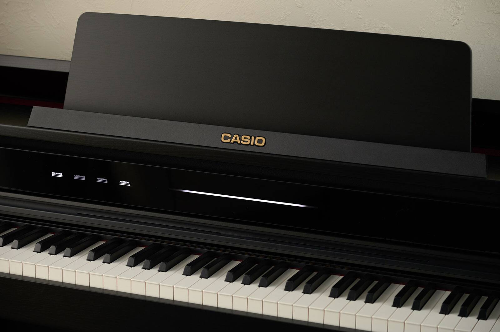 A slightly oblique view of the front and keys of the AP-750 digital piano