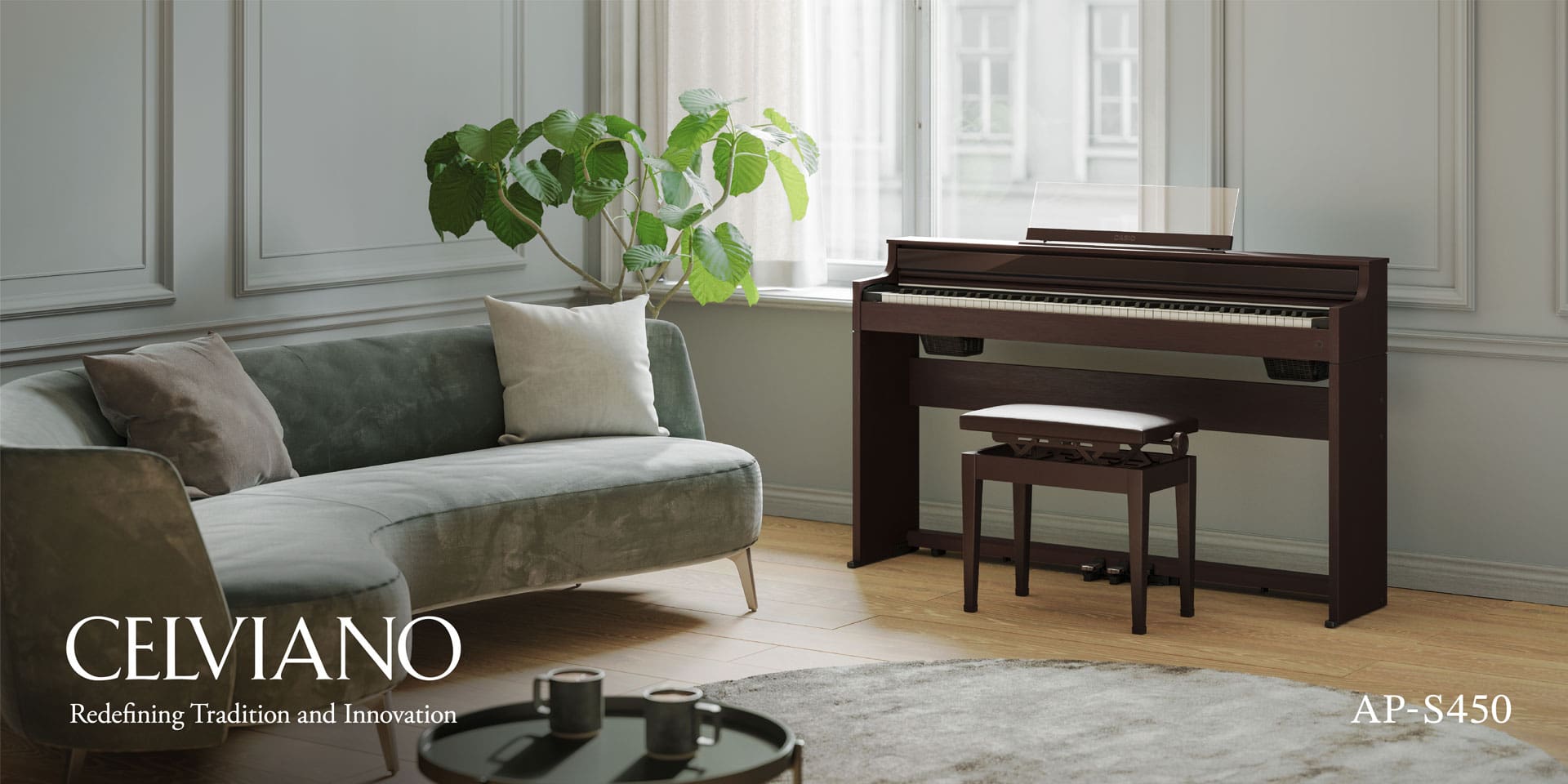 A brown digital piano is standing against the wall of a stylishly furnished, modern living room in an old building. The writing ‘Celviano - Redefining Tradition and Innovation – AP-S450’ completes the picture.