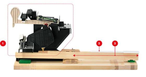Detailed view of the hammer mechanism with three red numbers: the number one marks the hammer mechanism, the number two the keyboard and the number three the position of the keyboard pivot point