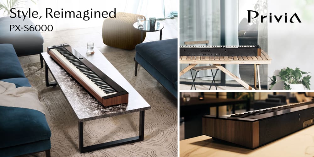 Collage of three images. Left: a living room, with the PX-S6000 digital piano on the coffee table. Top right: back of the PX-S6000 on a balcony table. Bottom right: view of a rear corner of the digital piano. Text added to the collage: ‘Style, Reimagined – PX-S6000 – Provia’. The page links to the PX-S7000/PX-S6000 info page.