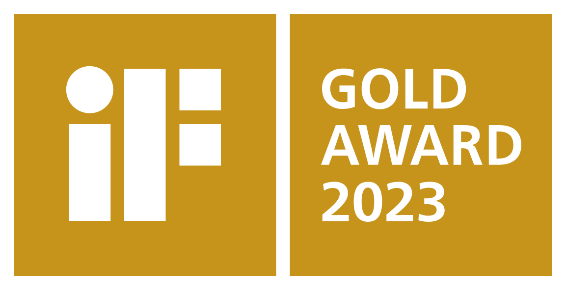 White writing on a gold background: ‘iF Design Gold Award 2023’ - the image links to the press release.