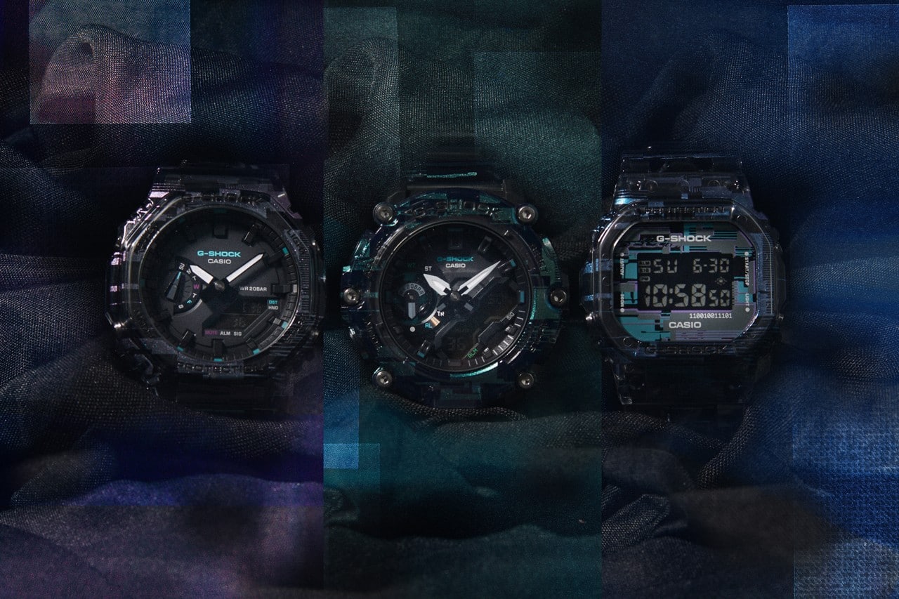 GA2100NN-1A analog digital, GA2200NN-1A analog digital, and DW5600NN-1A digital watches on a video glitch environment
