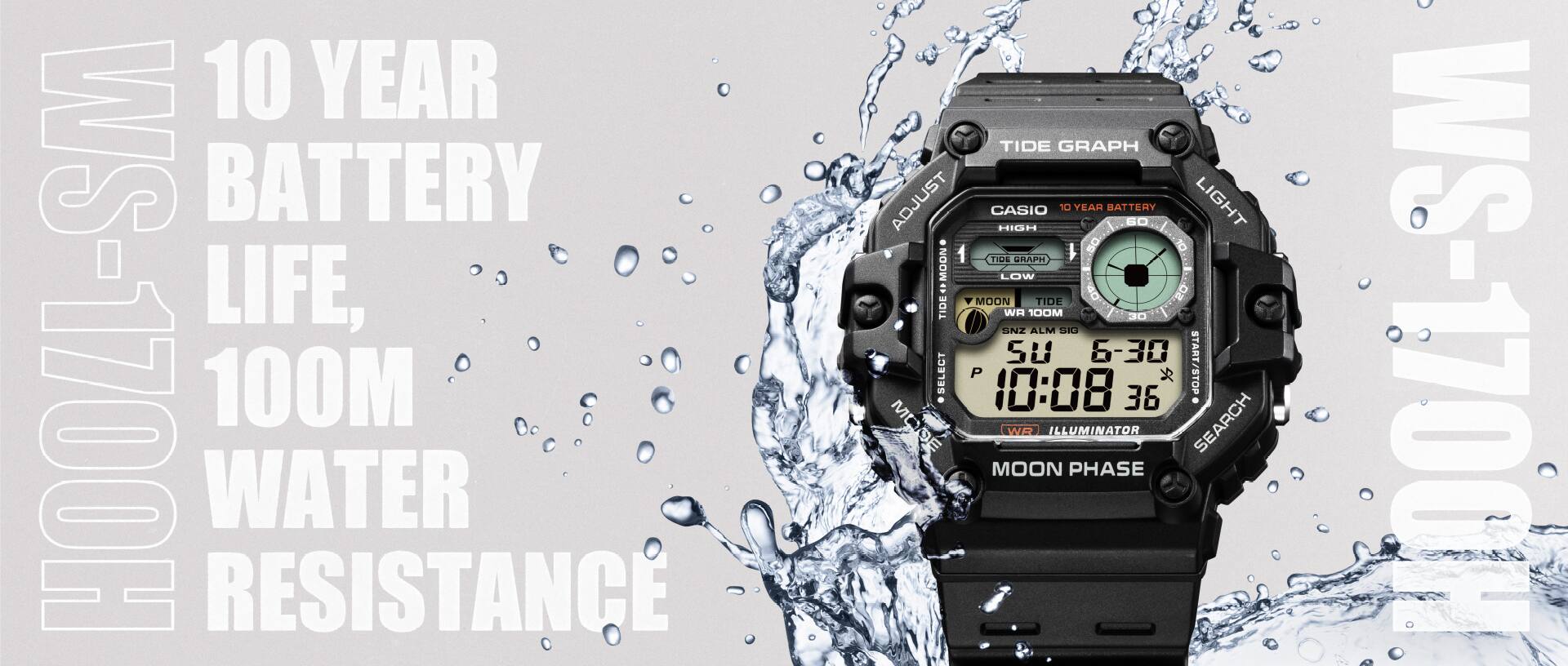 Digital wristwatch with a black case and strap, featuring multiple displays. Water droplets and splashes surround the watch. English text accompanies the image: 10 Year Battery Life, 100m Water Resistance, WS-1700H