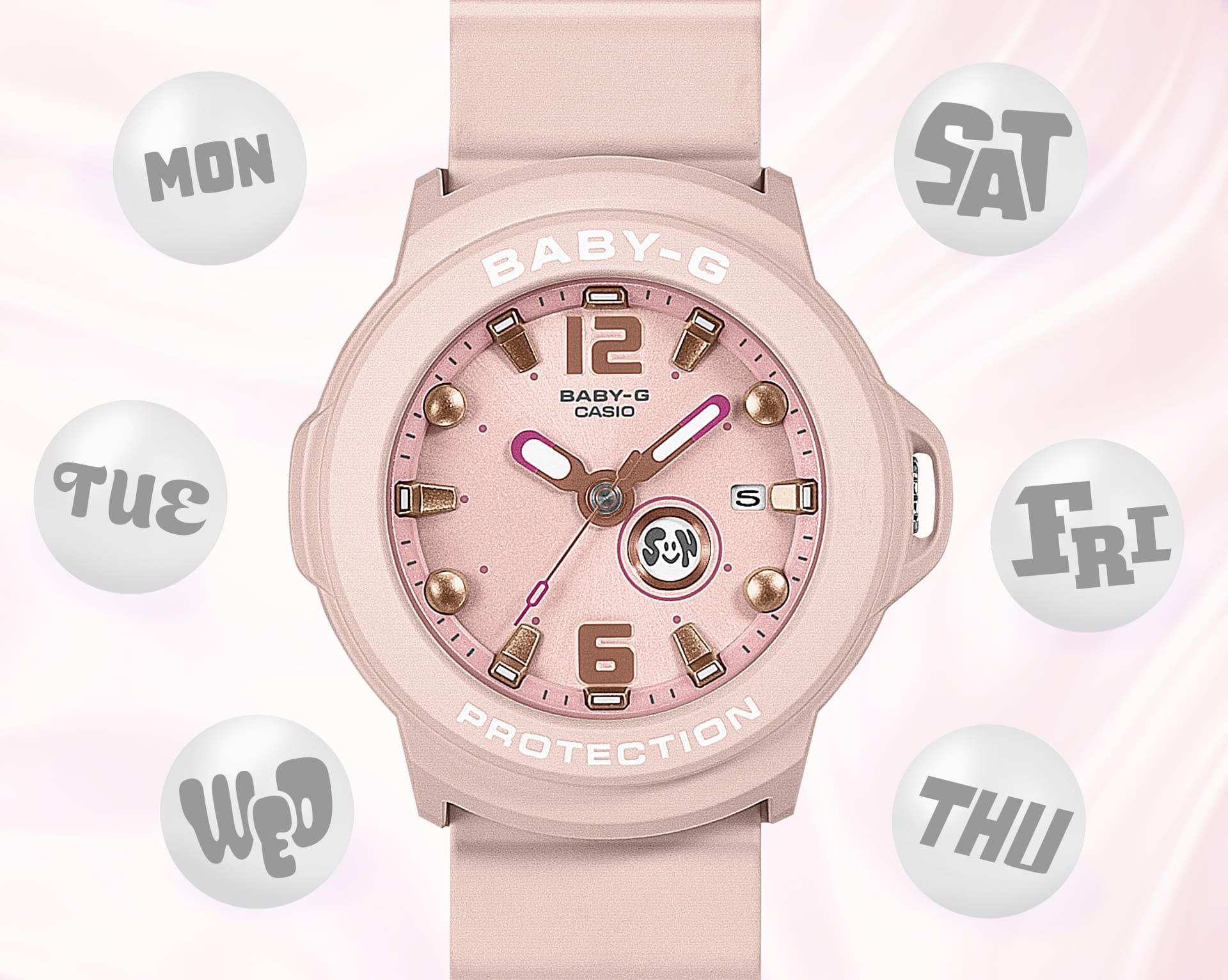 Image of a simple three-hand dial in pastel colors with day of the week display