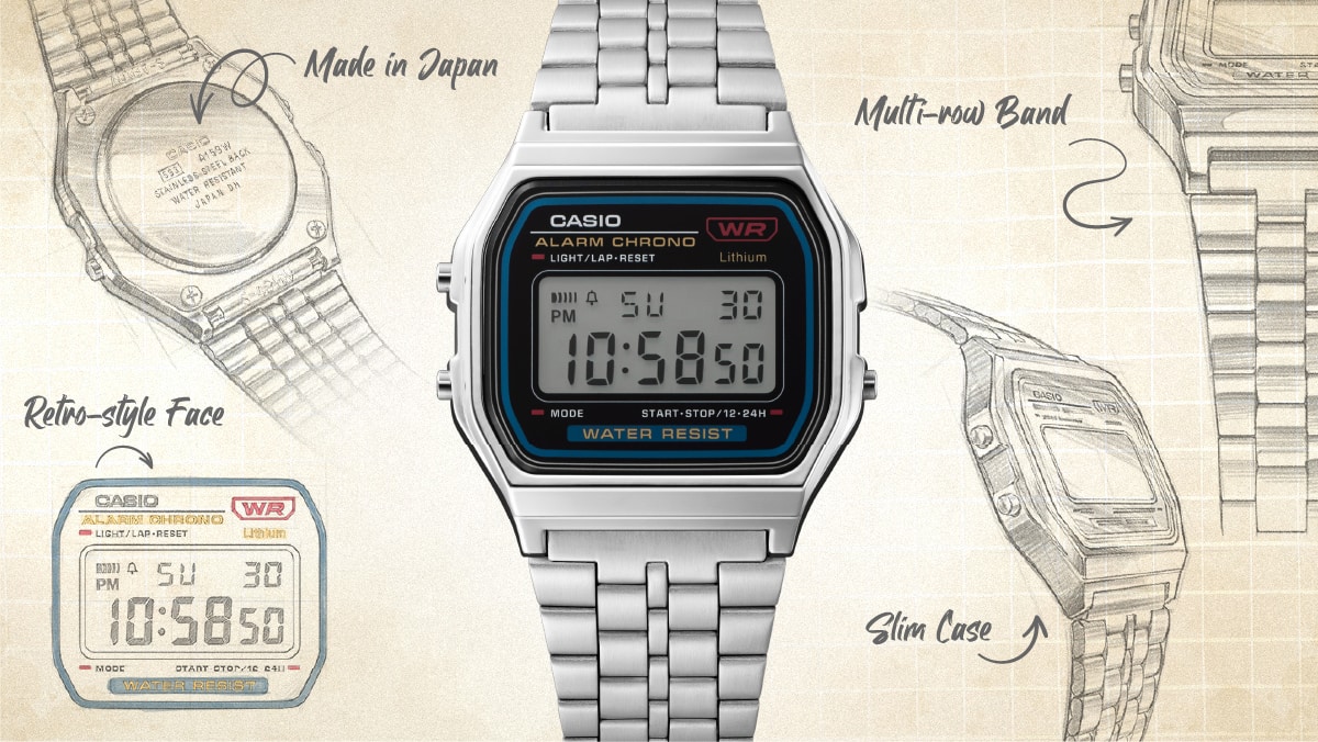 Casio A159W-N1 watch amidst background of design sketches denoting style