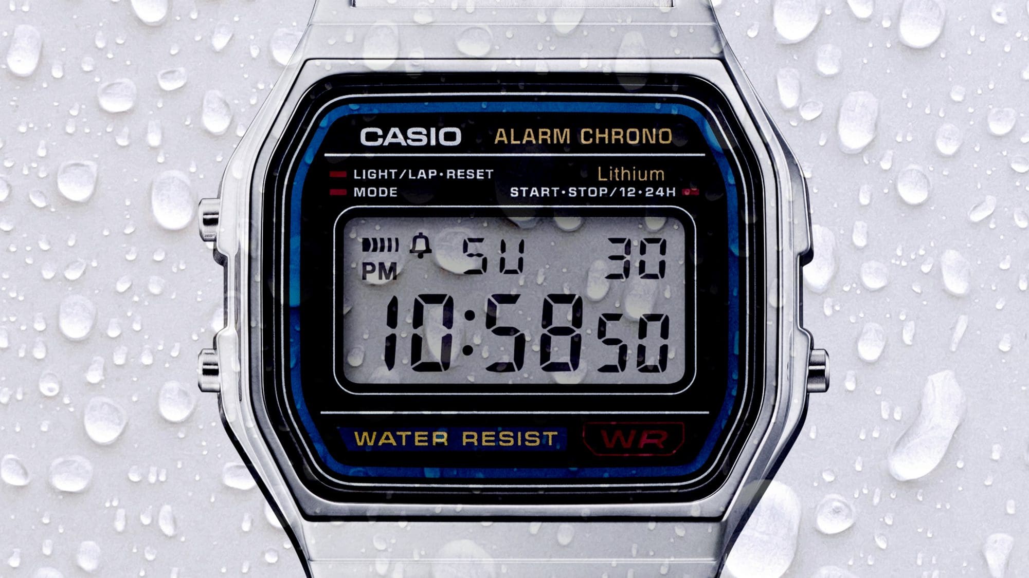 Casio A158WA-1 watch with beads of water denoting water resistance