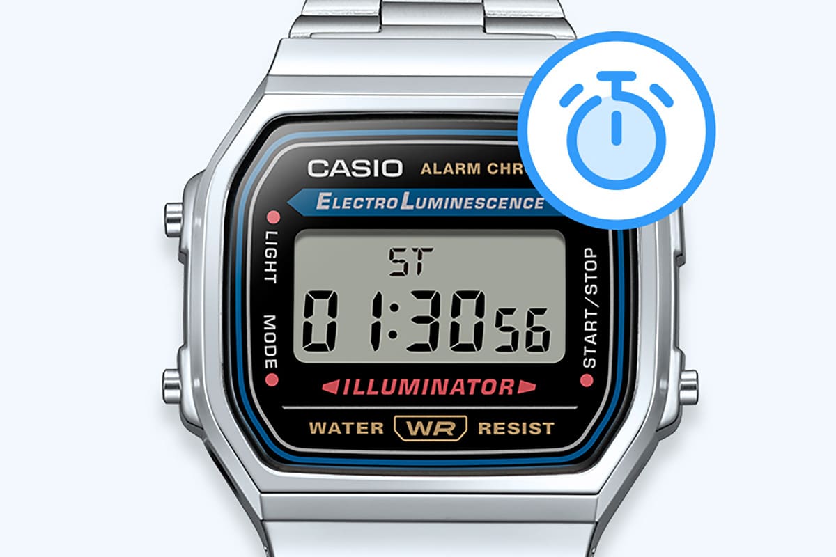 Casio A168 vintage digital watch with stopwatch graphic denoting stopwatch feature.