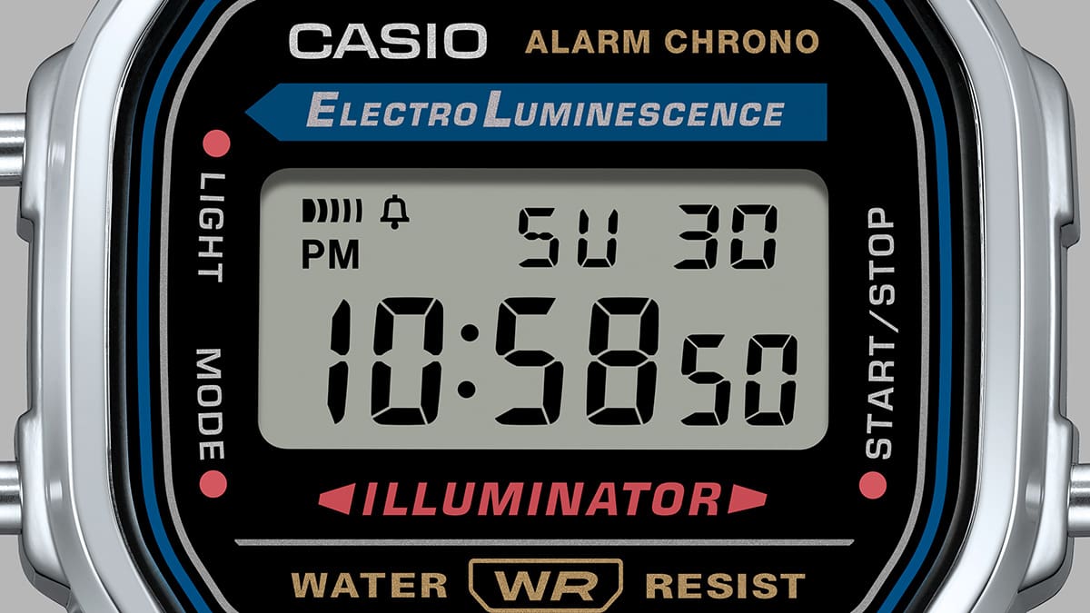 Close up of the Casio A168 vintage digital watch digital face.