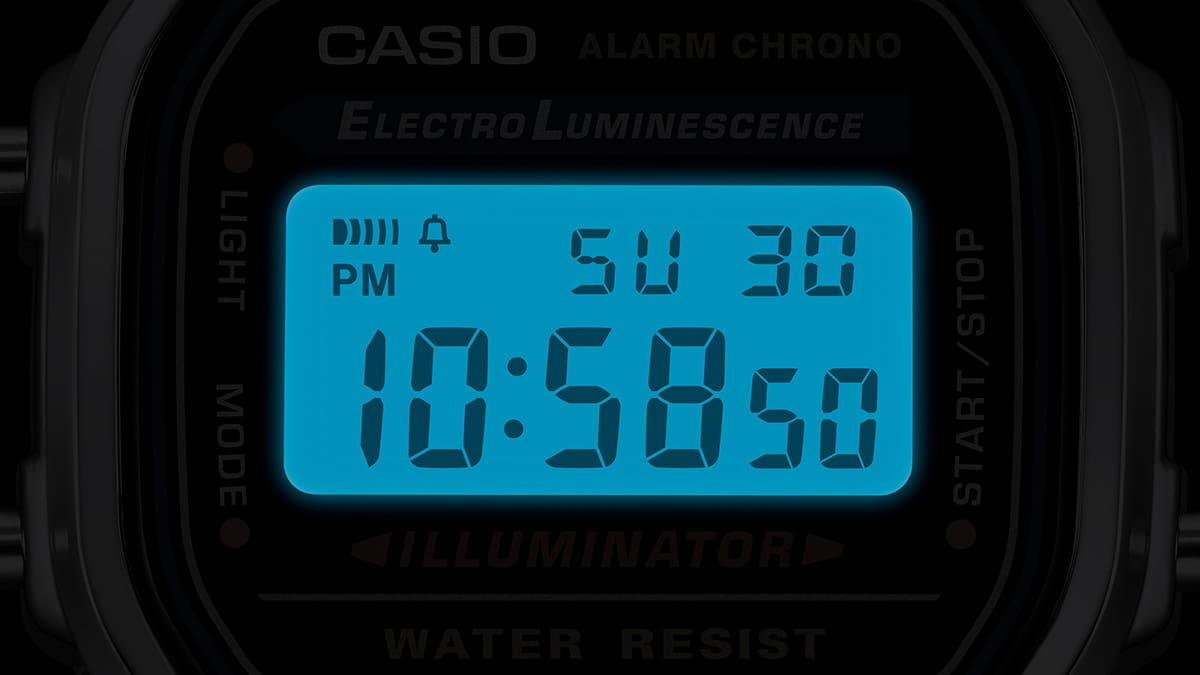 Close up of the Casio A168 vintage digital watch digital face.
