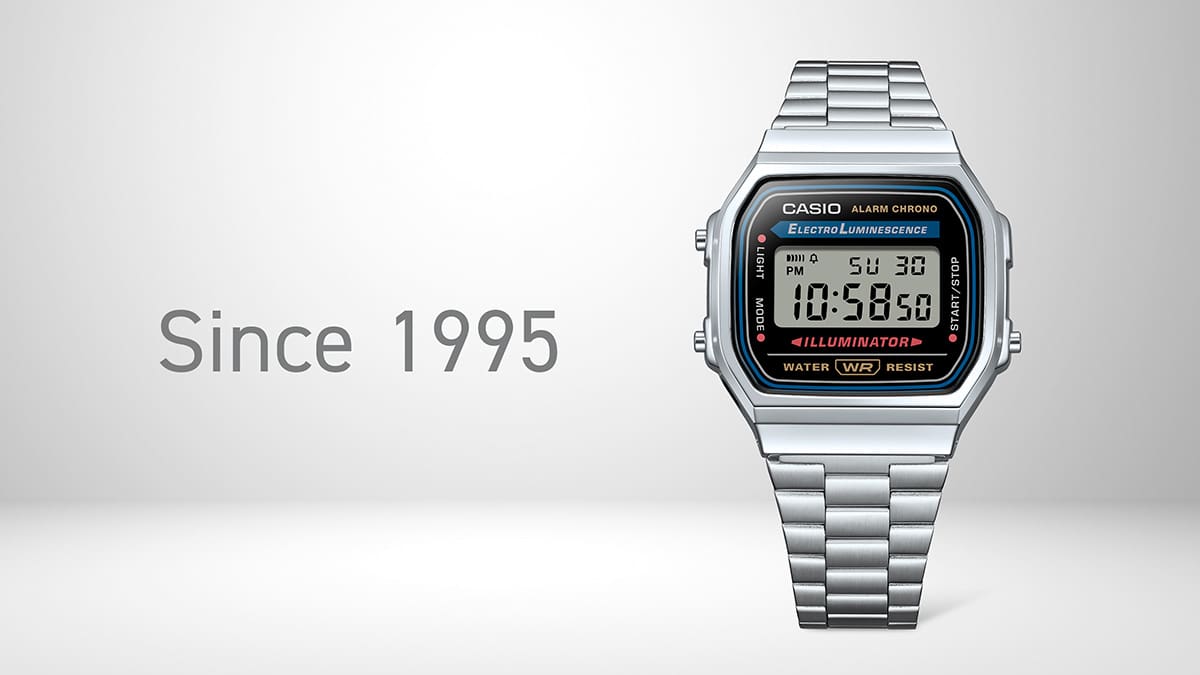 Casio A168 vintage digital watch next to graphic that reads “since 1995” denoting model history.