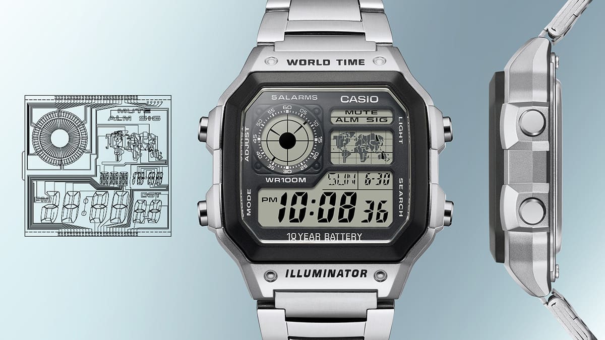 Casio AE1200 World Time watch denoting LCD layout and slim design.