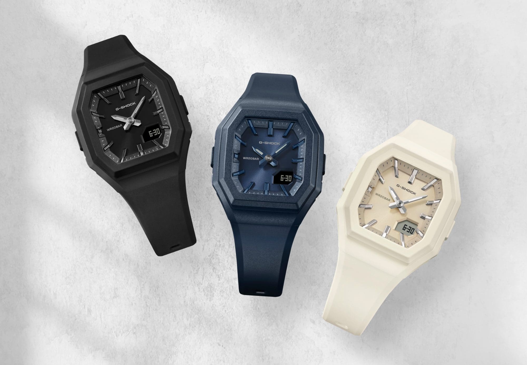 Images of the color variations: black, navy, and white