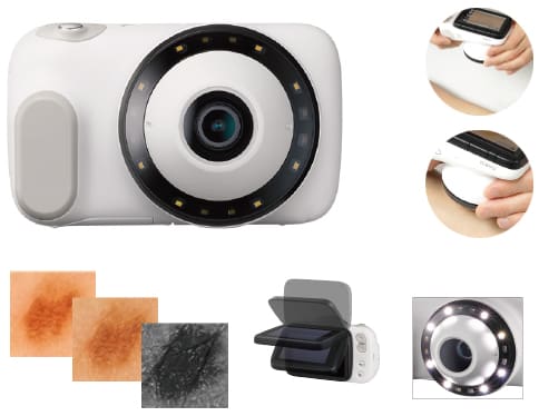 DZ-D100 and highlighted callouts of connections and features, light, example specimen photos