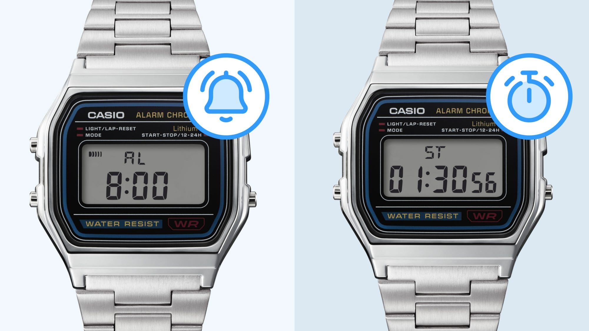 Pantalla del reloj de pulsera A158W con función de alarma y cronómetro.