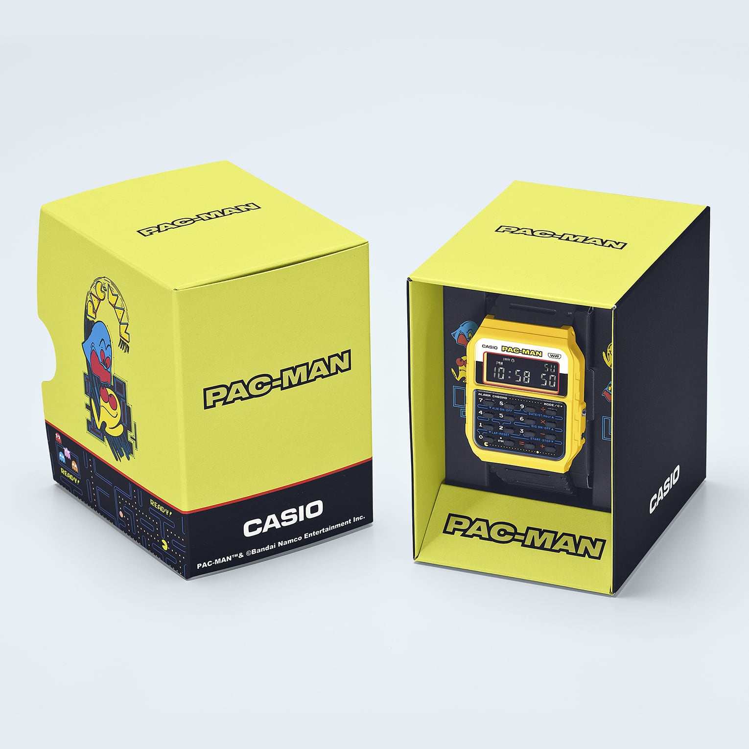 CA-53WPC-1B La caja negra y amarilla del reloj negro y amarillo de Pac-Man CA-53WPC-1B de la colección Casio Vintage con motivos de Pac-Man.