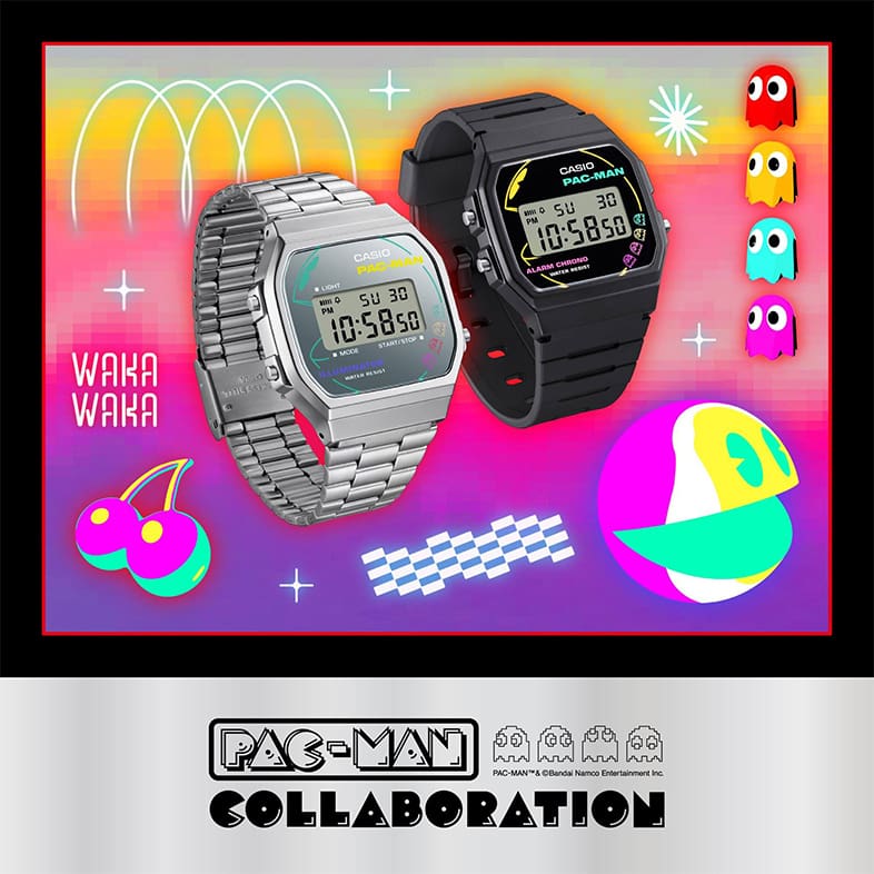 Dos modelos de colaboración PAC-MAN de CASIO sobre un fondo colorido: F-91WPC-1A y A158.