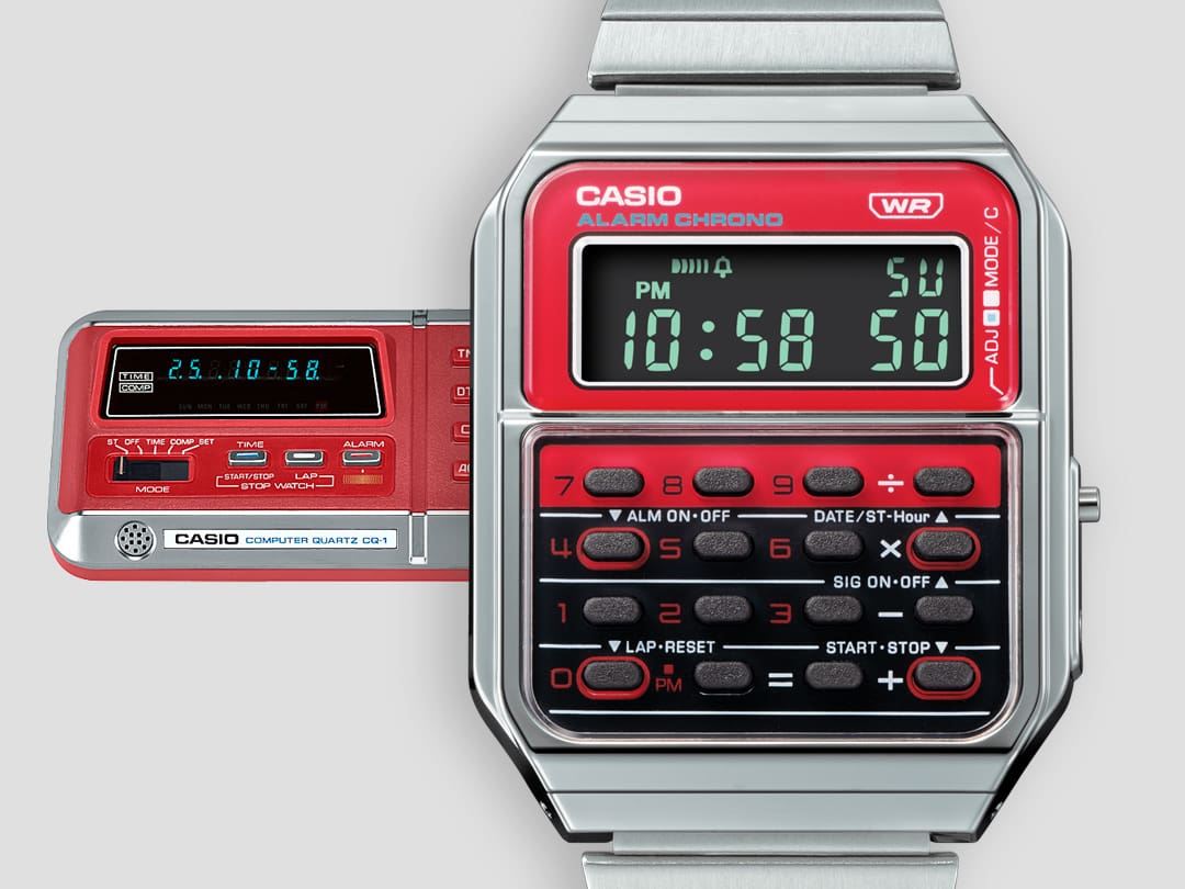 La pantalla del reloj de pulsera rojo CA-500WE-4B: calculadora y reloj digital en uno, al fondo: la calculadora roja CQ-1