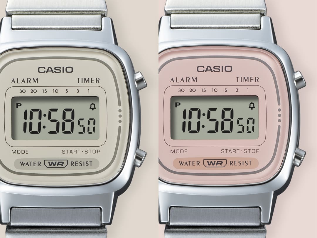 LA670WEA-8A y LA670WEA-4A2 Primeros planos de la pantalla y la carcasa de los dos modelos en color LA670WEA uno al lado del otro: el LA670WEA-8A con marco de pantalla en color beige claro y el LA670WEA-4A2 con marco de pantalla en color rosa.
