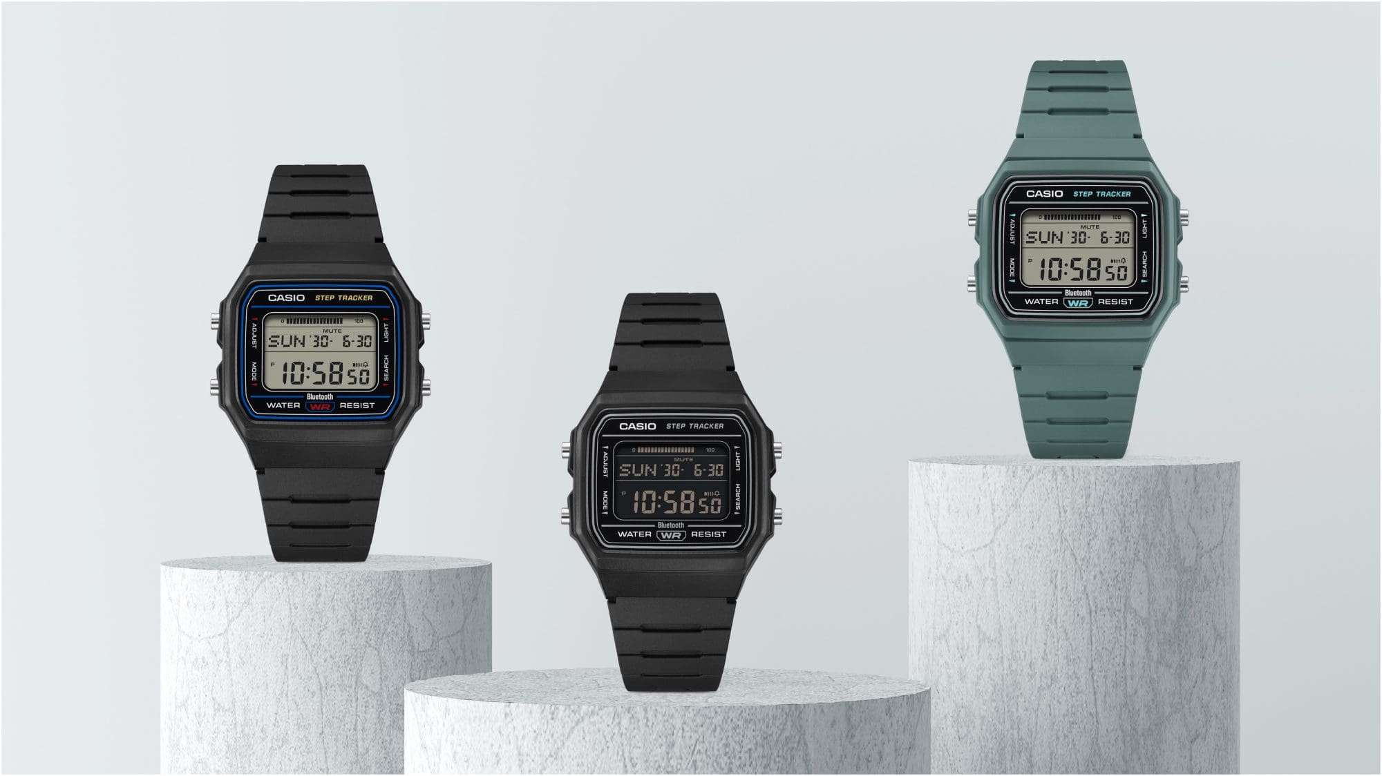Una imagen promocional del F-B100W, que se inspira en los estilos clásicos de los relojes digitales de la década de los 80