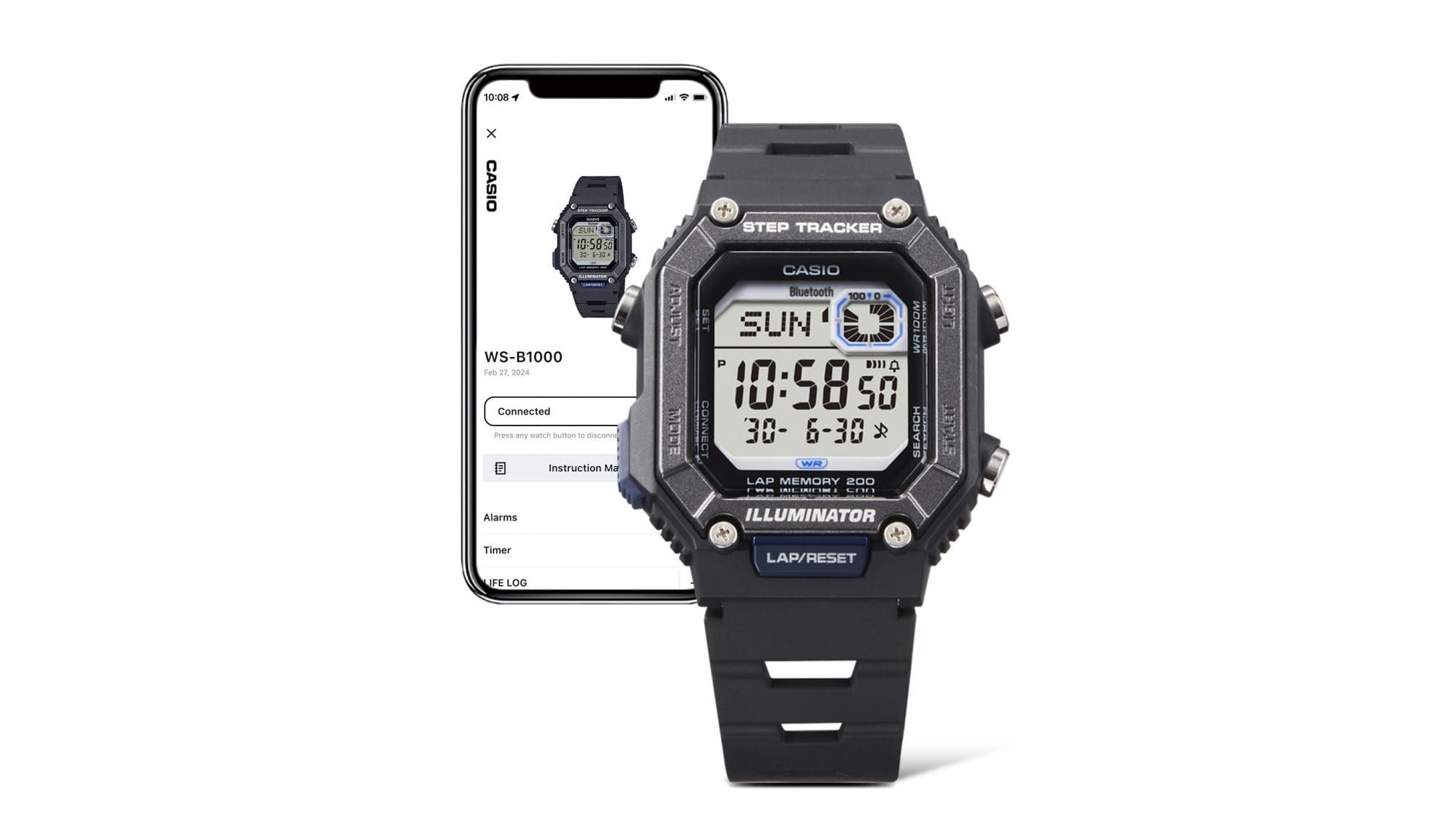 El reloj Casio WS-B1000-2AV Bluetooth® delante de un smartphone con información sobre el reloj en la pantalla