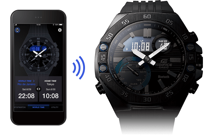 Izquierda: un smartphone negro con indicación de hora mundial y hora local; derecha: primer plano de un reloj de pulsera negro de Edifice, con ejes de conexión en el medio.