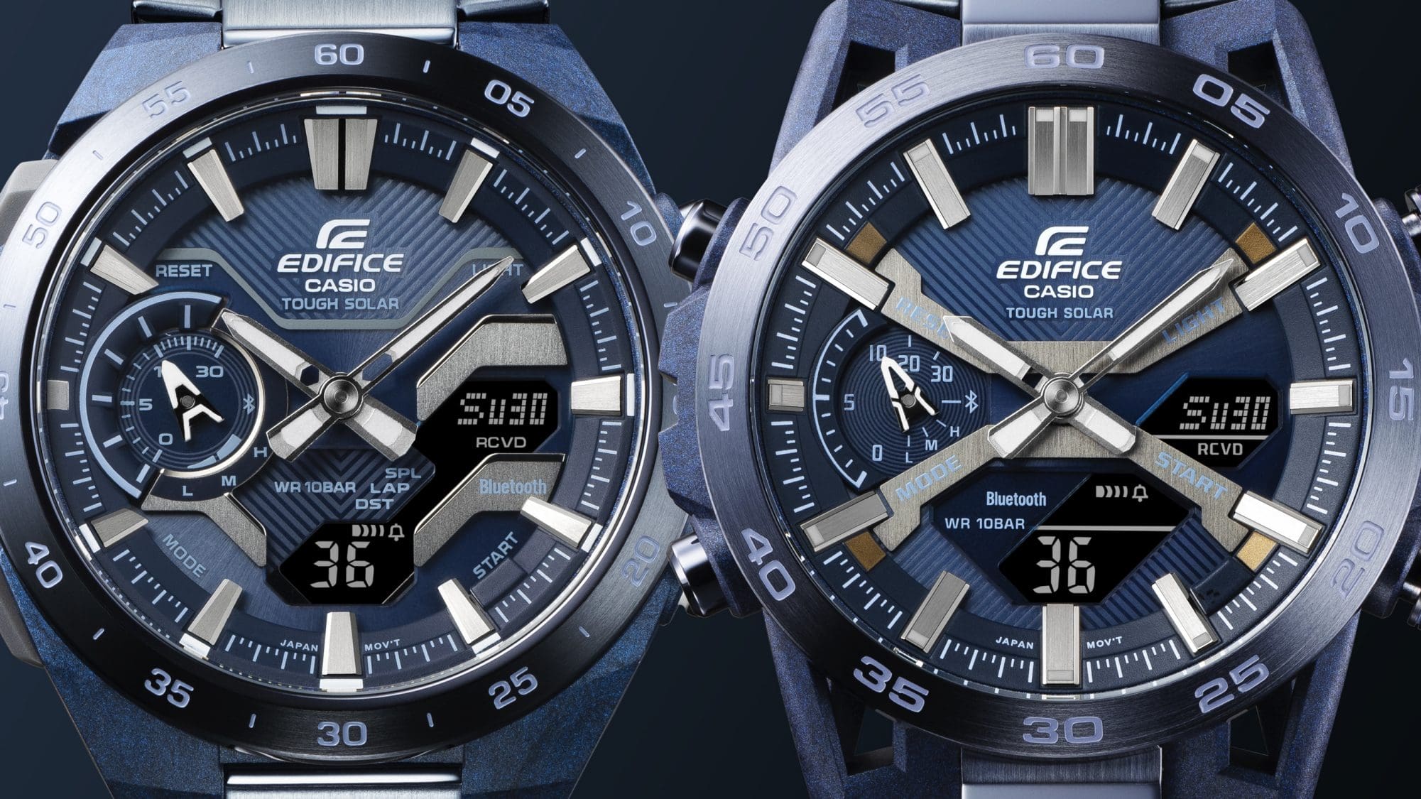 Las dos esferas azules del EDIFICE WINDFLOW ECB-2200CB-2A y del EDIFICE SOSPENSIONE ECB-2000CB-2A una al lado de la otra
