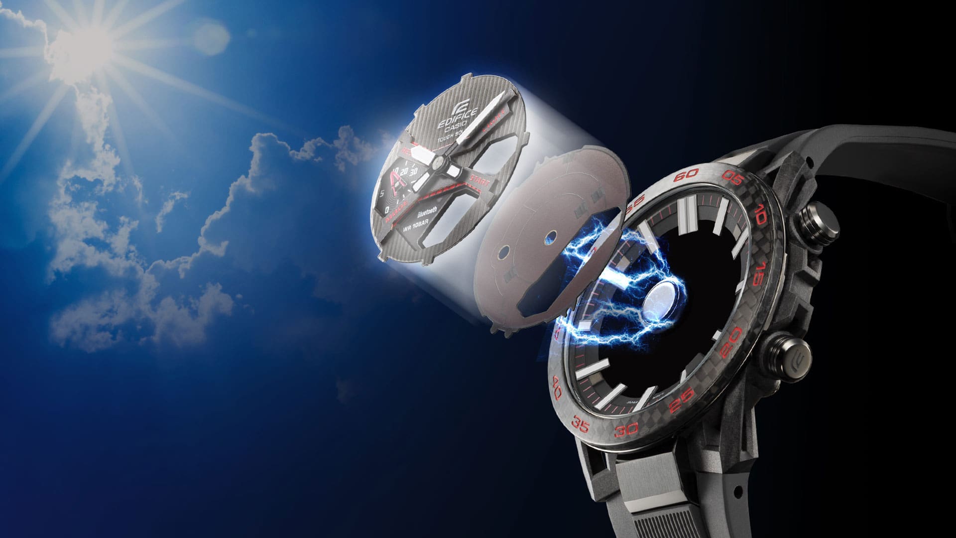 Representación de la estructura y los componentes del módulo solar en el reloj de pulsera ECB-2000