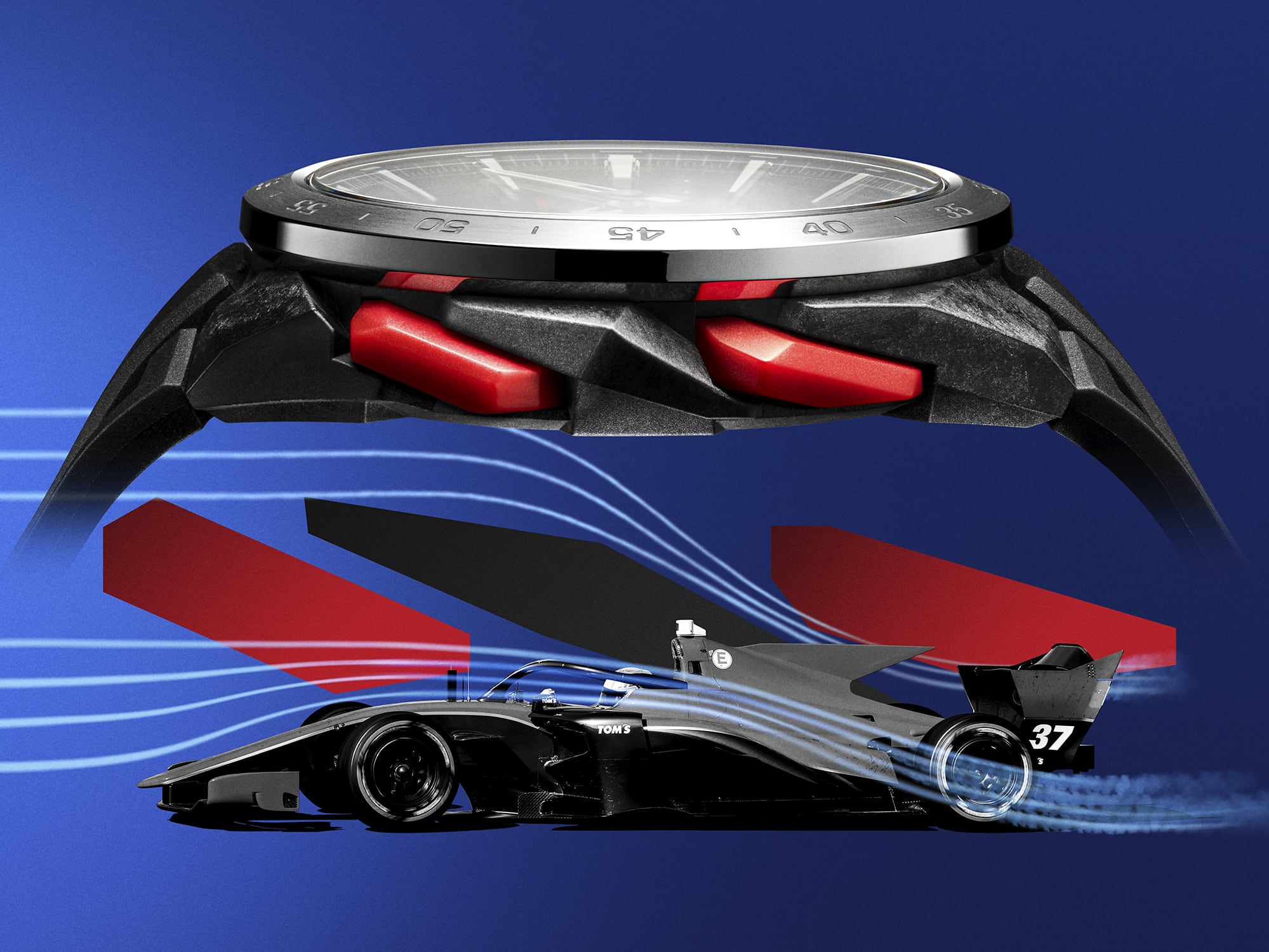 Dos imágenes superpuestas, arriba: la carcasa del reloj de pulsera ECB-2200 vista de lado con los singulares botones rojos inclinados, abajo: vista lateral de un coche de carreras sobre las líneas azules del viento de marcha