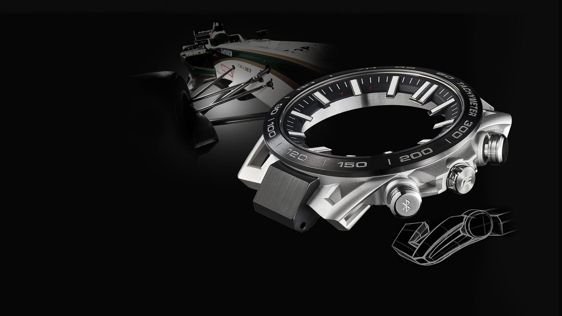 Primer plano de la carcasa de un reloj Casio Edifice EQB-2000. Al fondo se puede ver la suspensión de un coche de carreras