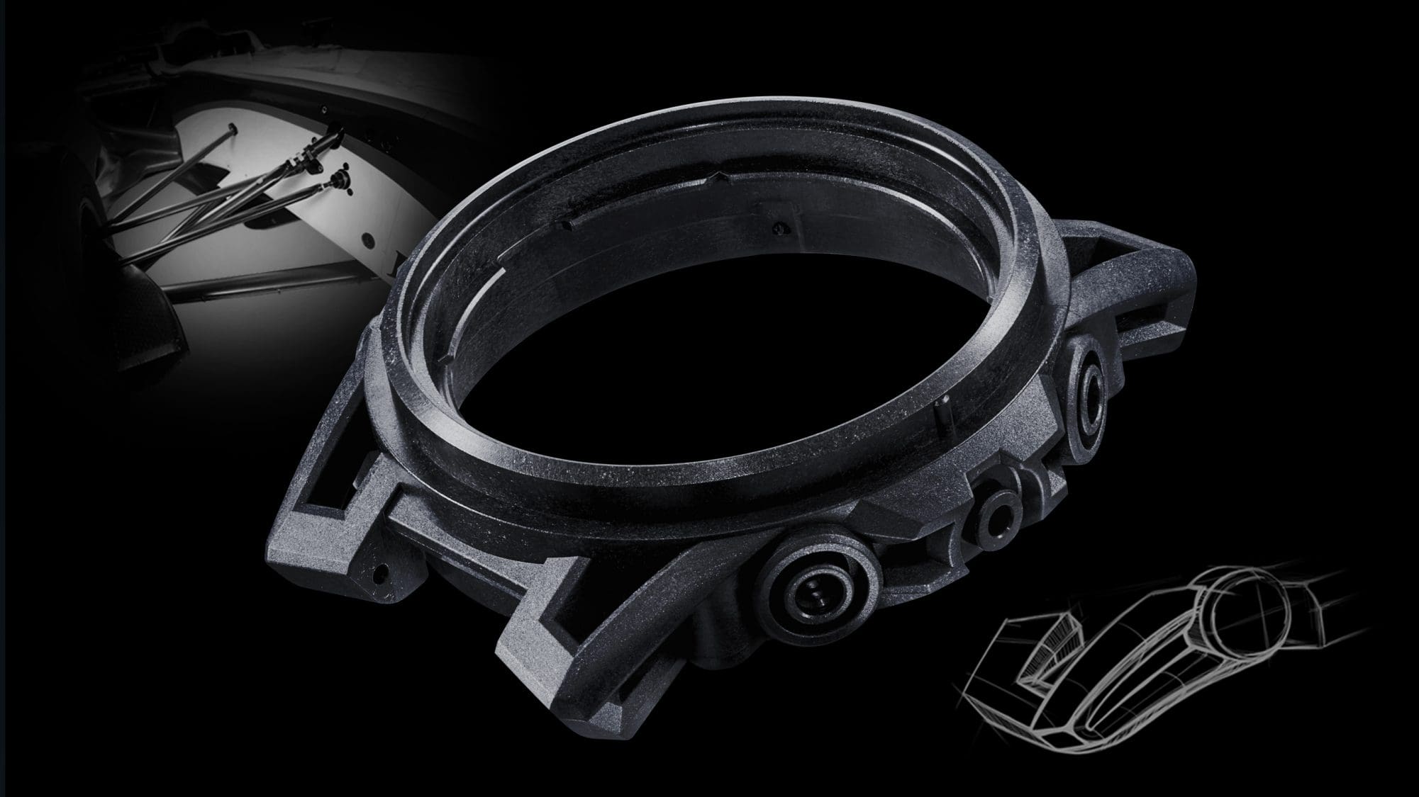 Primer plano de la carcasa de un reloj de pulsera Casio Edifice, al fondo se ve la suspensión de un coche de carreras