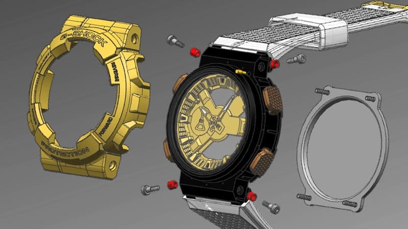 Representación de la estructura de los modelos Casio G-Shock GM-110 con bisel metálico, carcasa interior y parte posterior de la carcasa