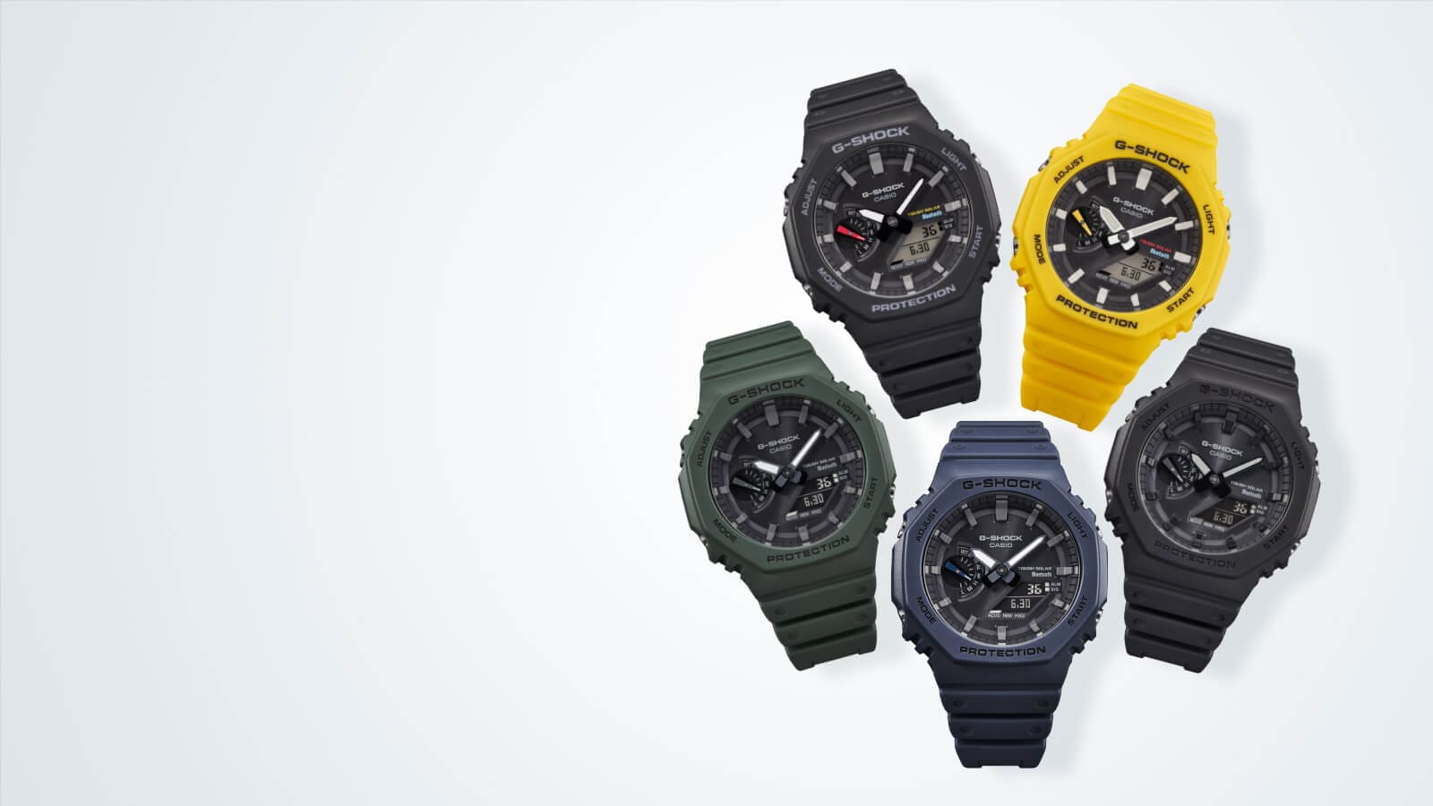 Cinco modelos Casio G-Shock GA-B2100 sobre fondo blanco: dos relojes de pulsera negros, un reloj de pulsera verde, uno con correa amarilla y otro con correa azul.