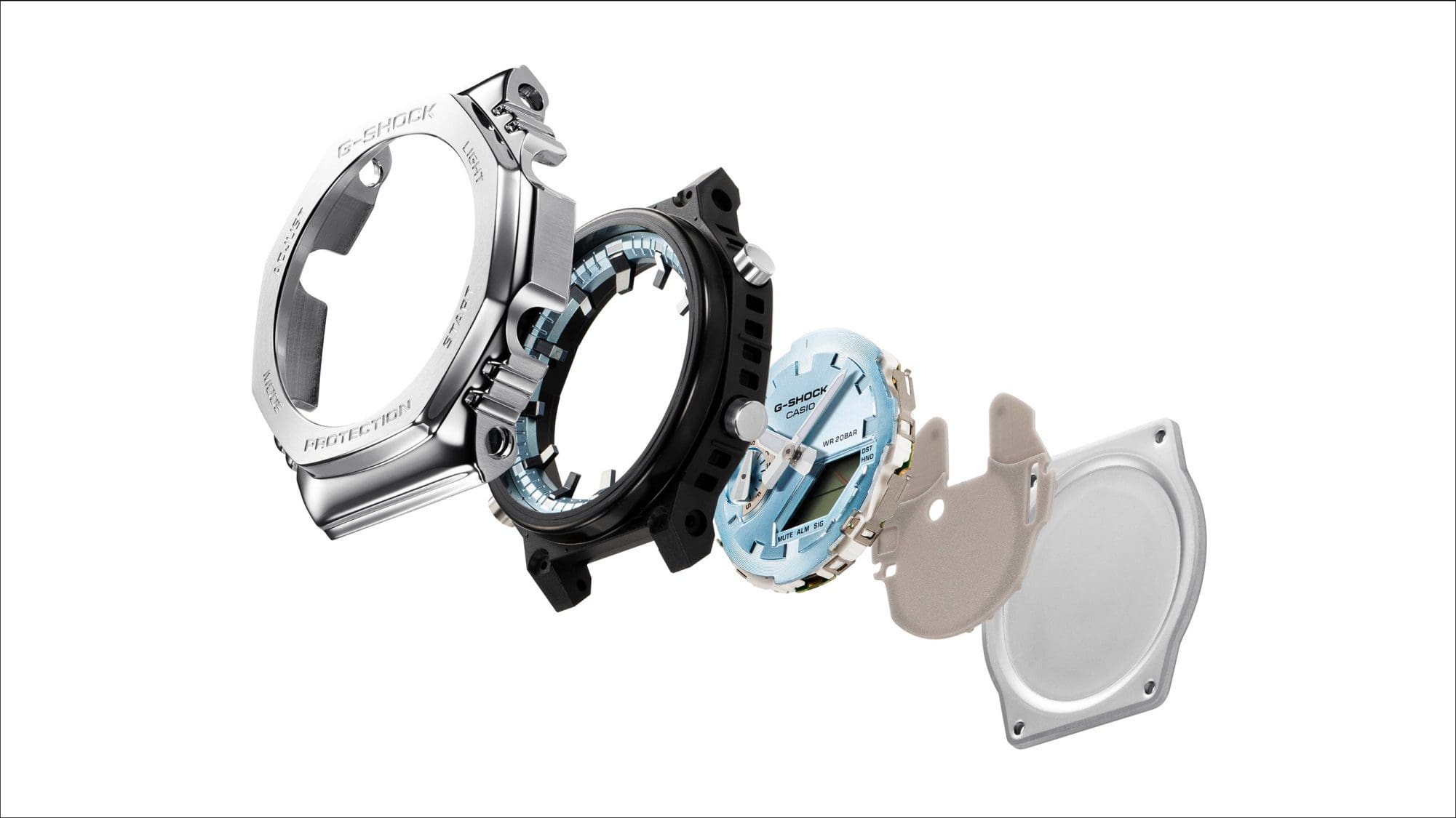 Los componentes de la caja de un reloj Casio G-Shock GM-2110D