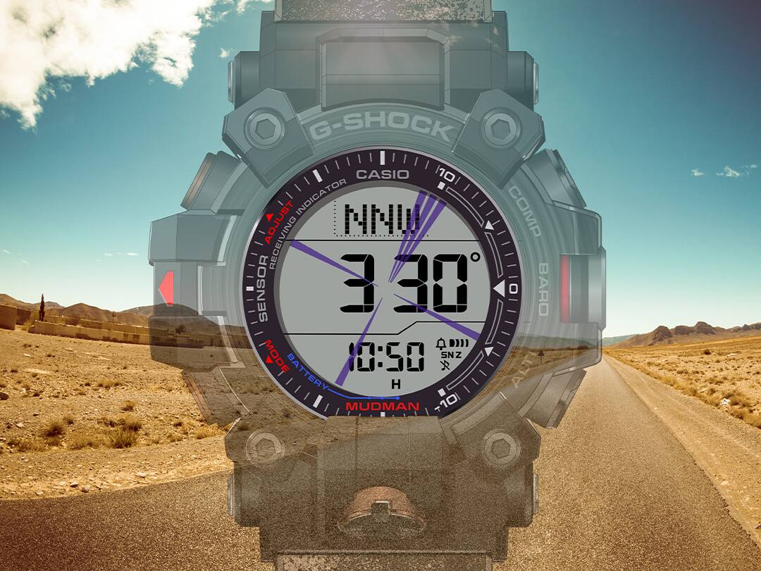 La pantalla del Master of G GW-9500TLC-1 con indicador de brújula frente a una carretera de la pradera