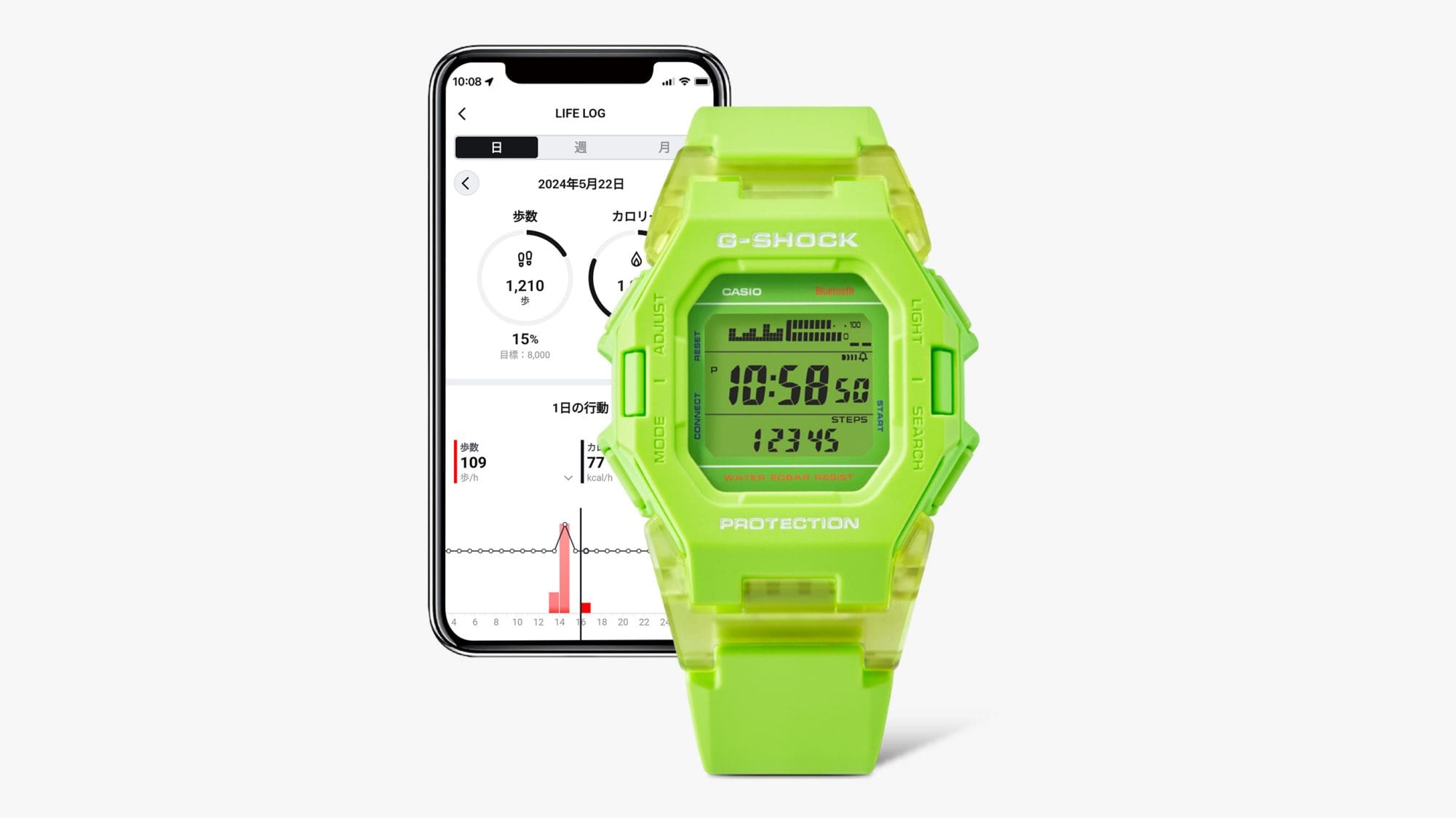Parte delantera: el reloj de pulsera digital Casio G-Shock GD-B500; parte trasera: un smartphone muestra diagramas y evaluaciones de la aplicación