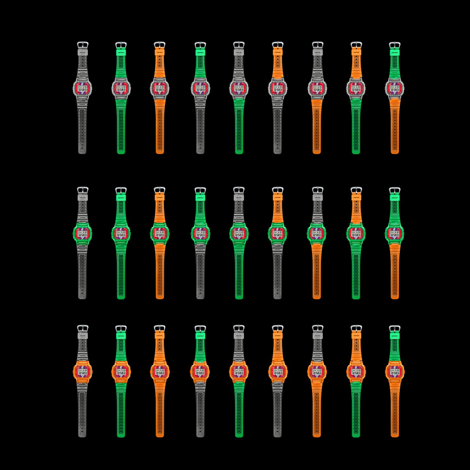 Tres filas con nueve variantes posibles cada una del modelo G-Shock Kashiwasato DWE-5600KS-7