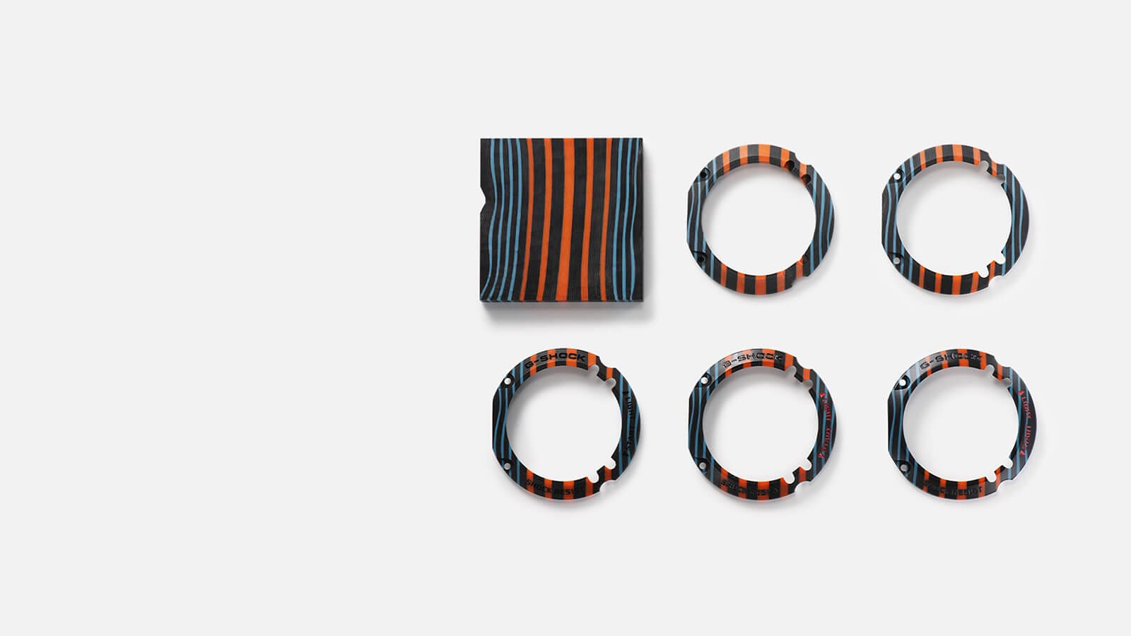 　Seis biseles de colores en diferentes estados de fabricación, desde el bruto hasta el acabado