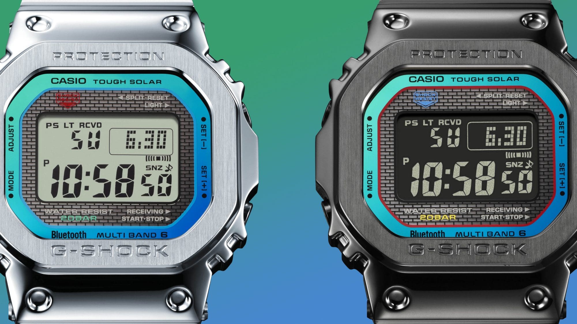 Los dos relojes de pulsera totalmente metálicos GMW-B5000PC-1 con correa plateada de acero inoxidable y GMW-B5000BPC-1 con correa negra uno al lado del otro 