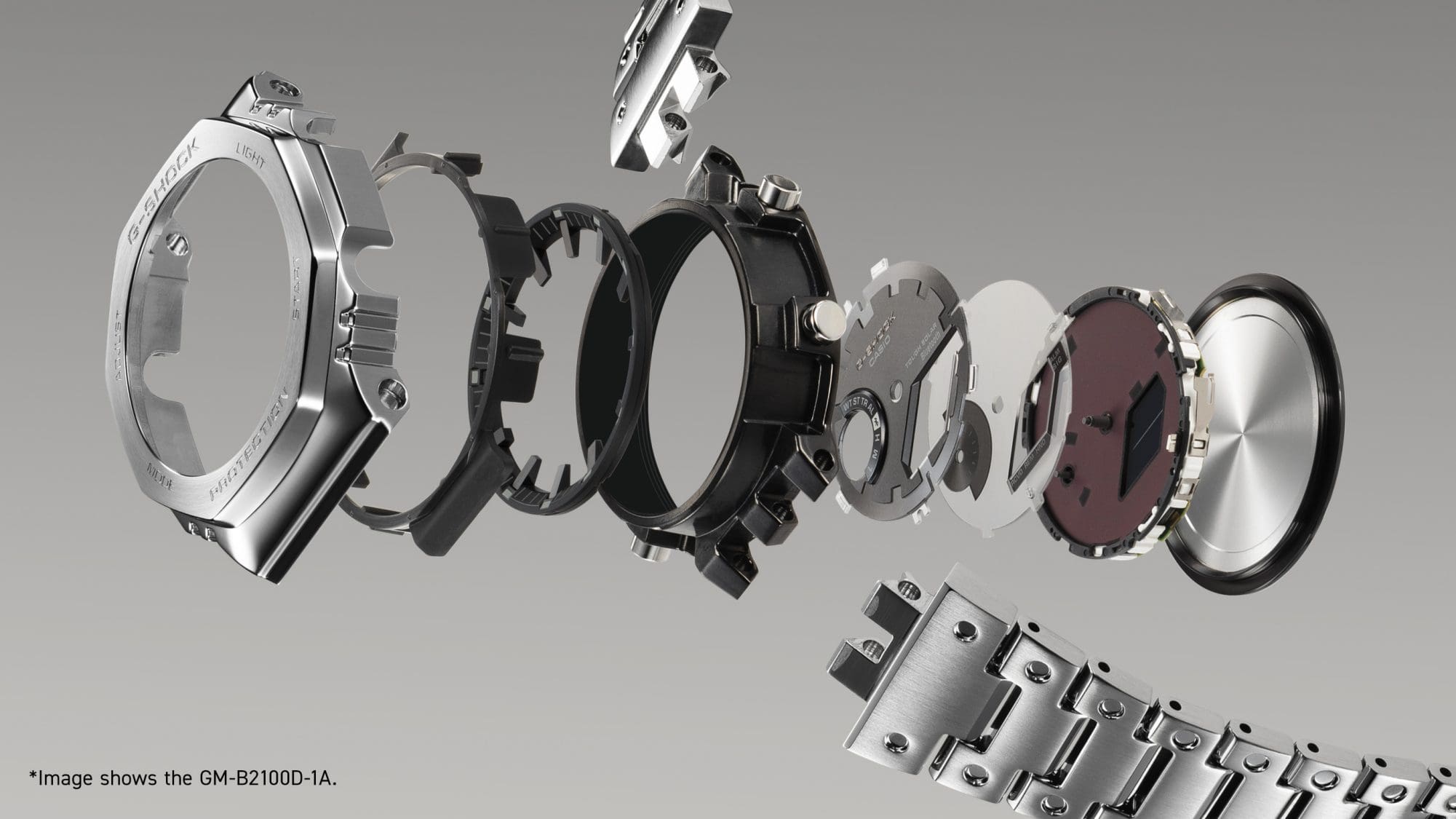 Los componentes individuales del reloj de acero inoxidable Casio G-Shock GM-B2100D-1A
