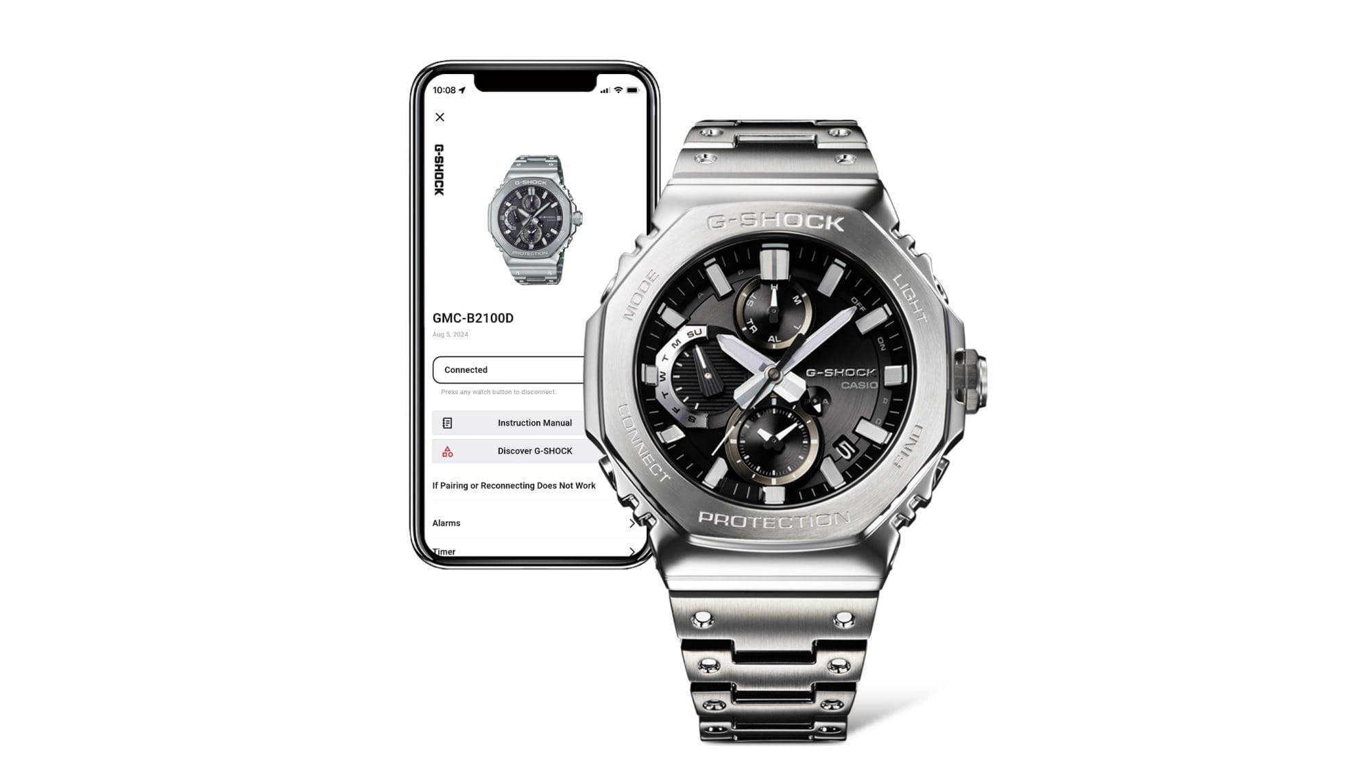 Un reloj Casio G-Shock totalmente metálico con correa y carcasa plateadas y esfera negra frente a un smartphone en cuya pantalla se muestra información sobre el reloj