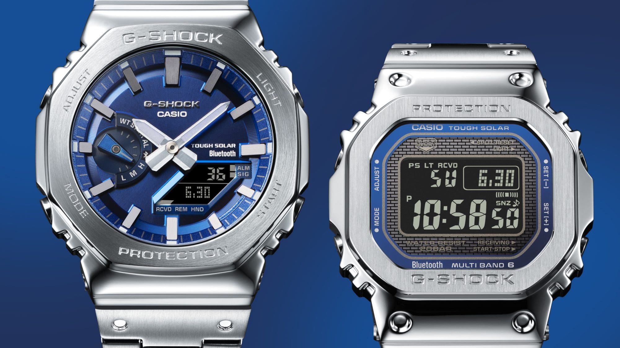 Primer plano de la esfera analógica-digital del reloj de acero inoxidable Casio G-Shock GM-B2100AD y de la esfera digital del reloj totalmente metálico GMW-B5000D con sus tonos metálicos azules brillantes
