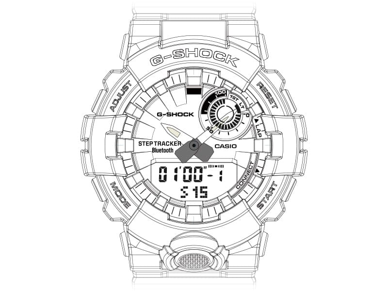 Esquema de la pantalla de un reloj de pulsera G-Squad GBD-800 con temporizador de intervalos e indicación del tiempo restante
