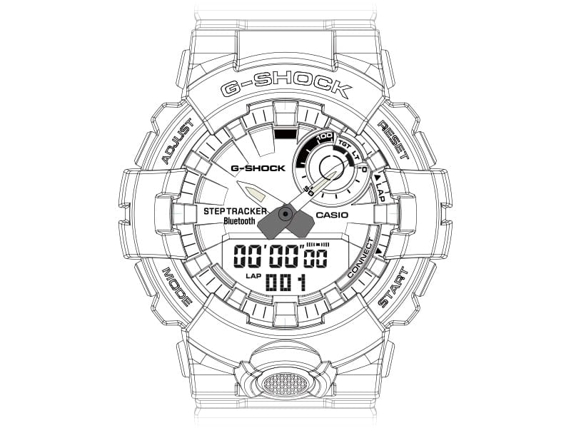Esquema de la pantalla de un reloj Casio G-Squad GBD-800 con cronómetro
