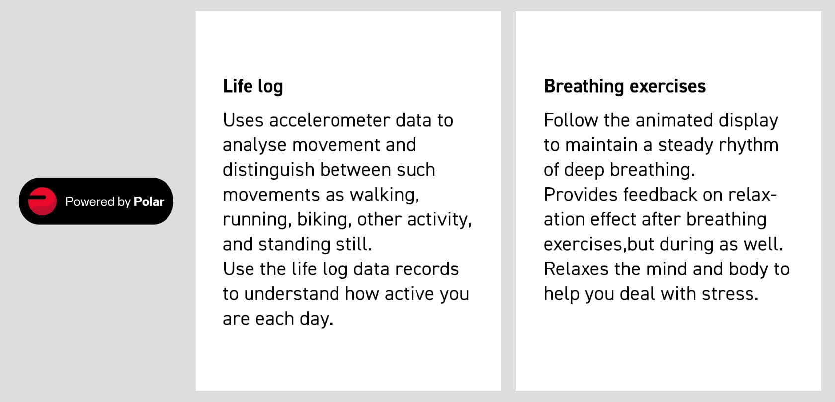 Junto al logotipo «Powered by Polar» aparecen explicaciones para: Life log, Breathing exercises