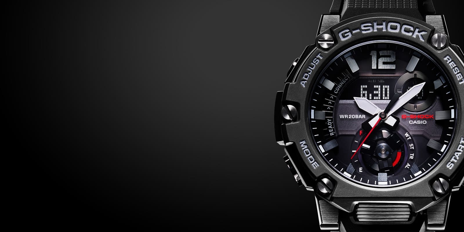 Primer plano de la esfera de un reloj Casio G-Steel GST-B300 negro